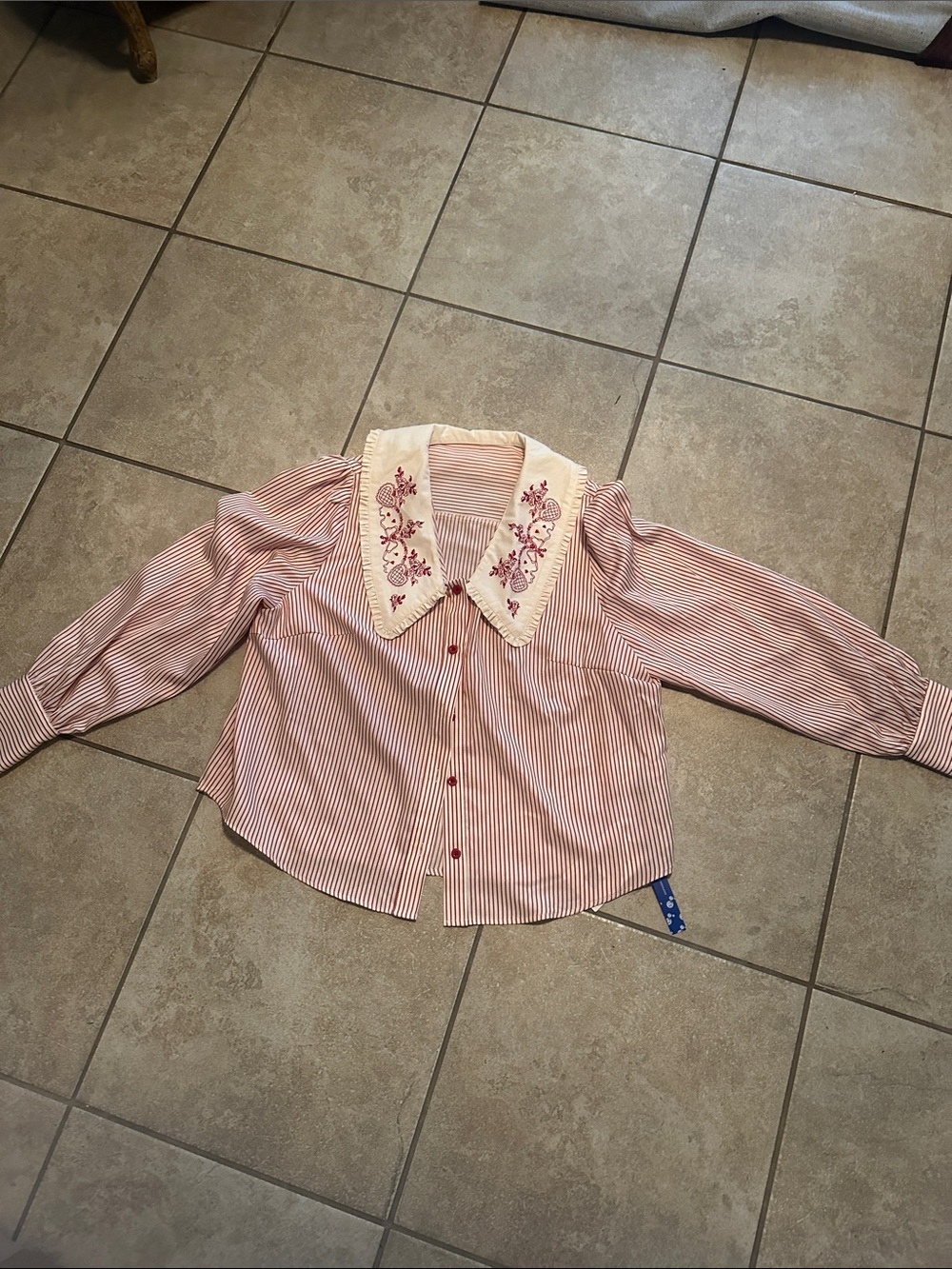 Cider Pink & Cream Striped Blouse with Embroidered Collar